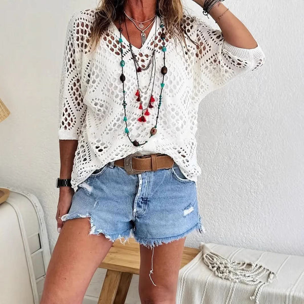 ELOWEN BEIGE CROCHET V-NECK TOP