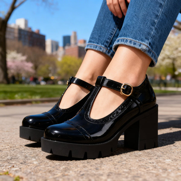 DAISY — Patent Brogue Loafers with Block Heel