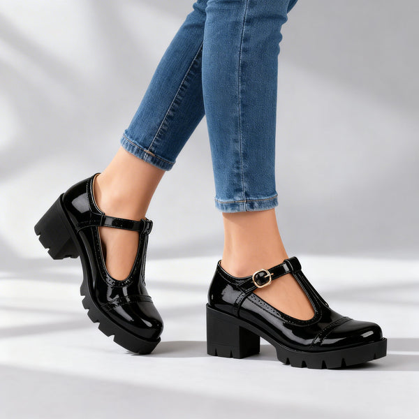 DAISY — Patent Brogue Loafers with Block Heel